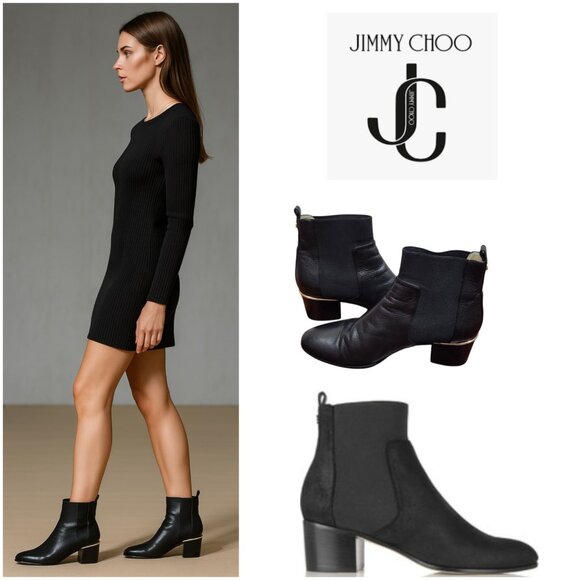 Jimmy Choo Black Leather Chelsea Ankle Boots US10/EU41 Gold Heel Accent Slip-On - Picture 1 of 15